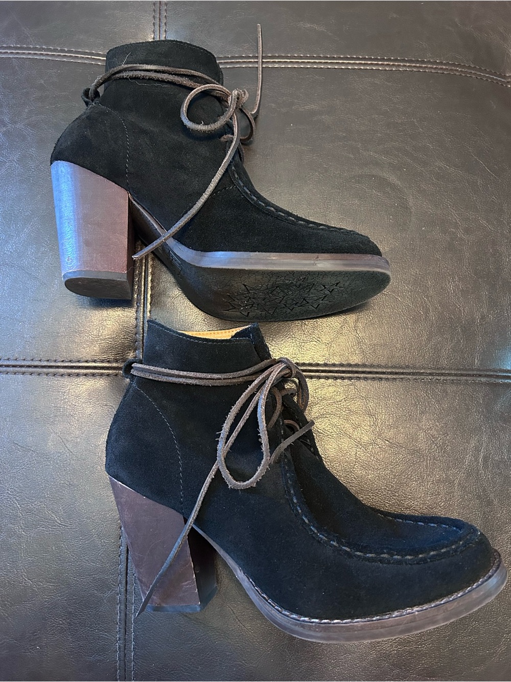 Latigo Black Suede Wood Block Heel Booties Sz 6.5 Anthropologie